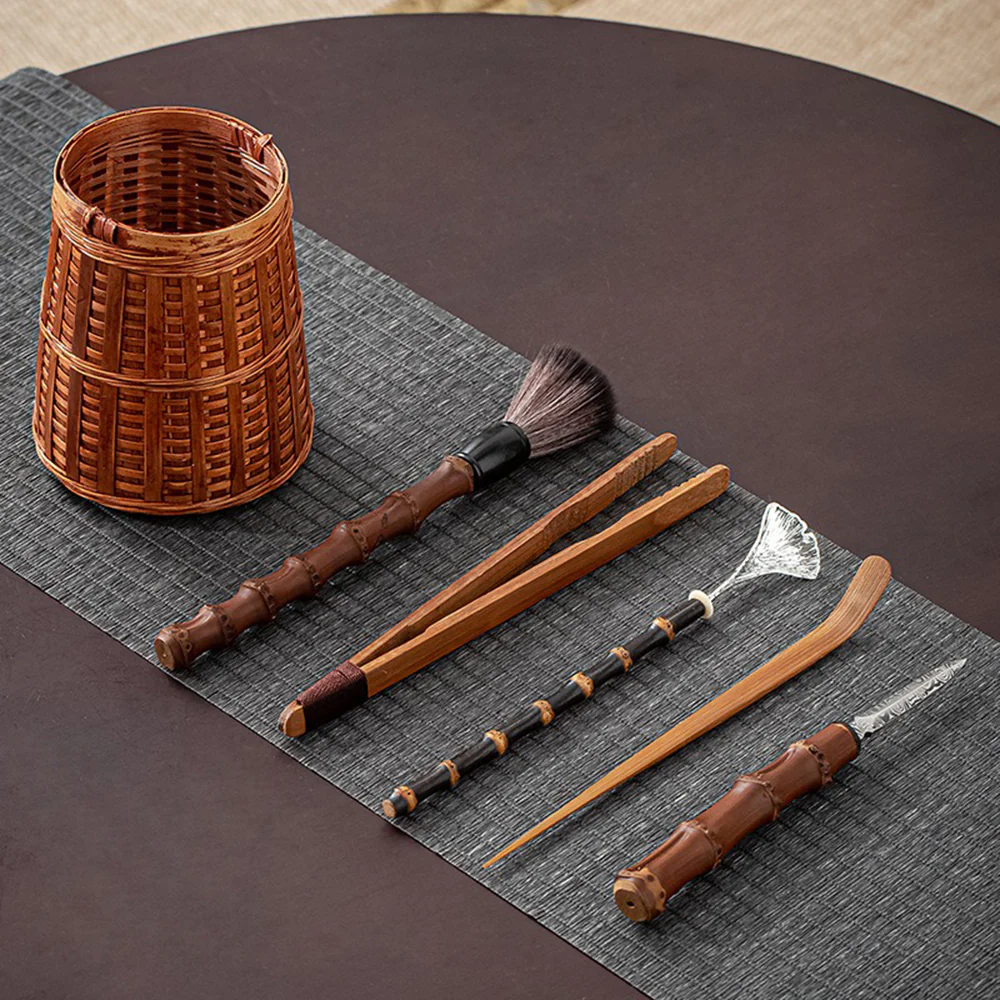 Bamboo Tea Utensils Set With Woven Holder - Image 2
