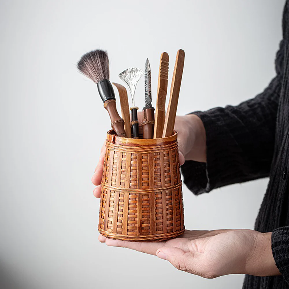 Bamboo Tea Utensils Set With Woven Holder - Image 3