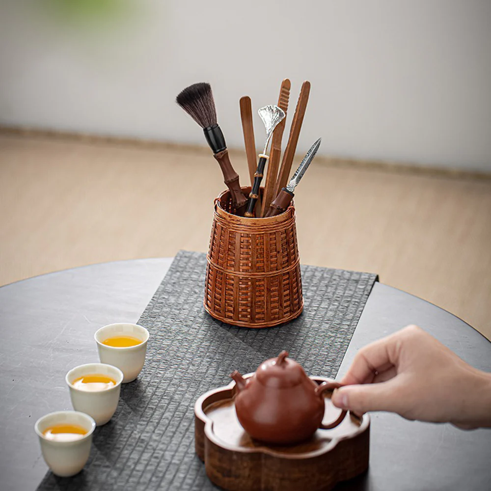 Bamboo Tea Utensils Set With Woven Holder - Image 4