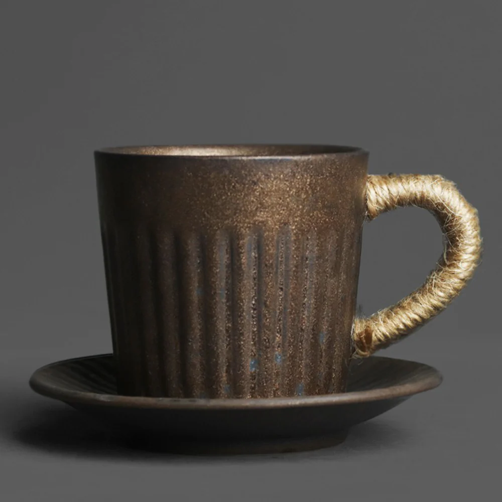 Black Gold Kiln Coarse Pottery Cup With Saucer