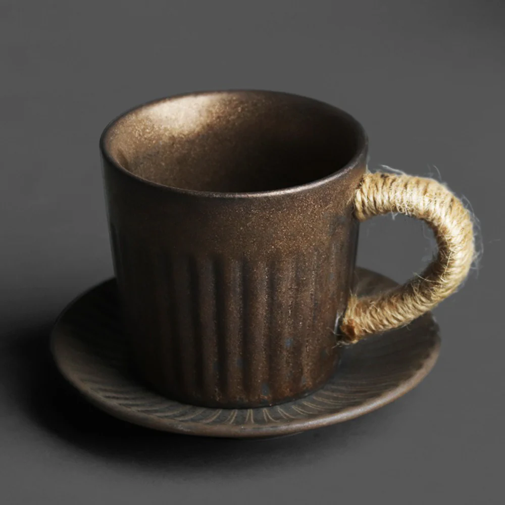 Black Gold Kiln Coarse Pottery Cup With Saucer - Image 2
