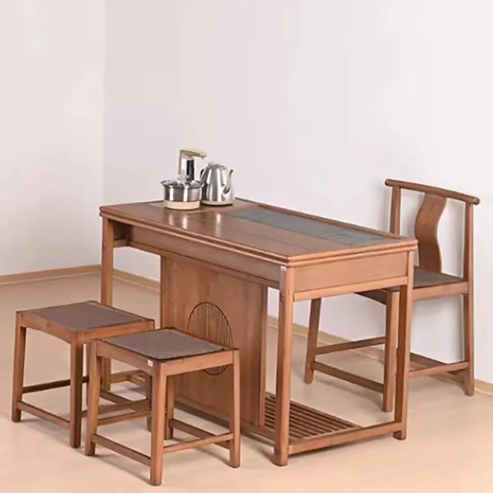 Black Gold Stone Panel Movable Bamboo Tea Table - Image 2