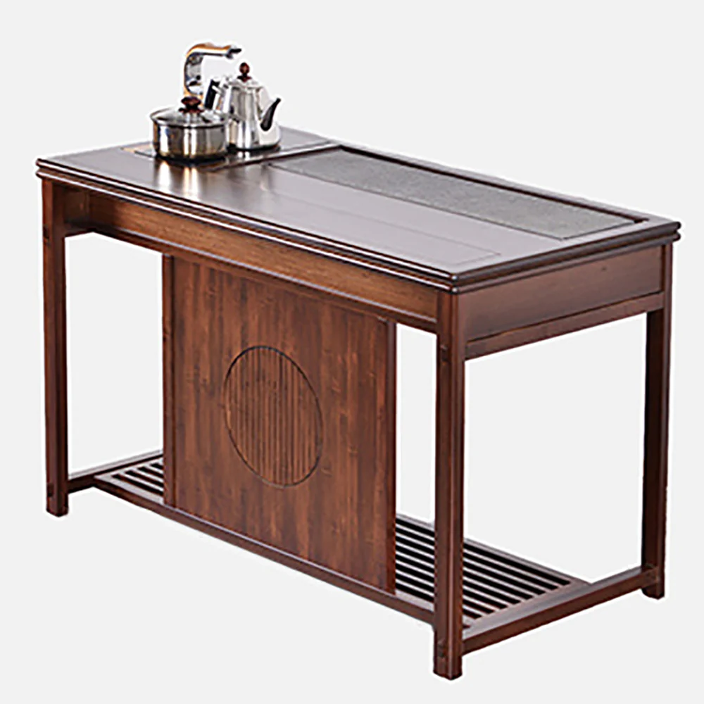 Black Gold Stone Panel Movable Bamboo Tea Table - Image 3