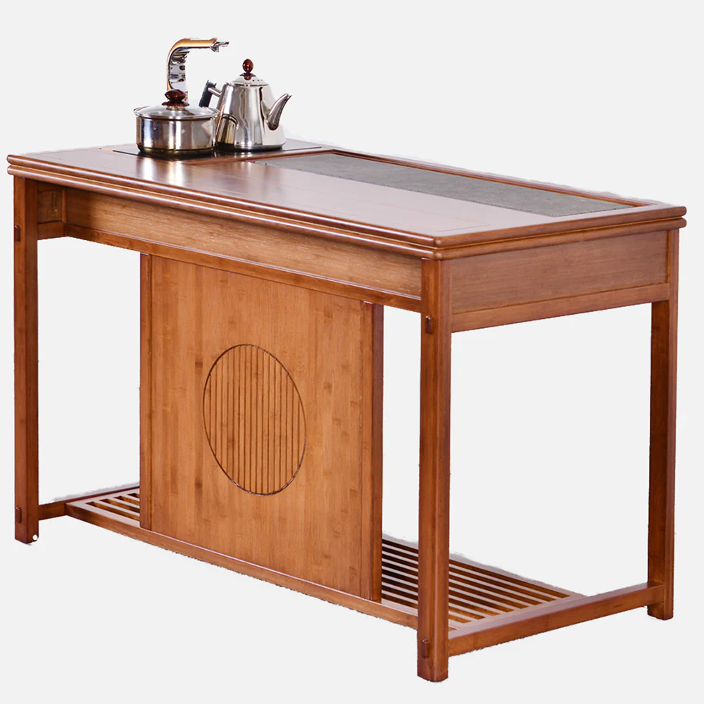 Black Gold Stone Panel Movable Bamboo Tea Table - Image 4