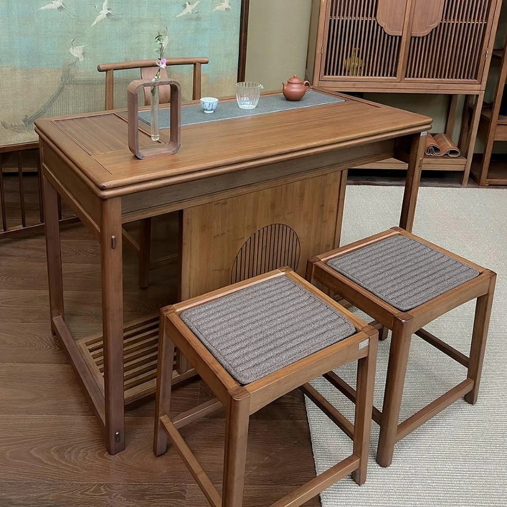 Black Gold Stone Panel Movable Bamboo Tea Table - Image 5