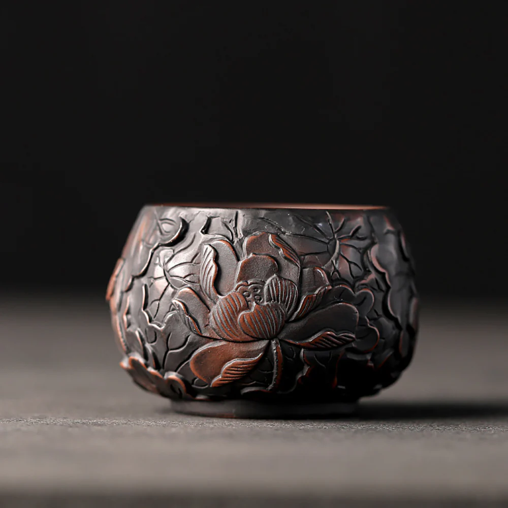 Black Pottery Relief Lotus Kung Fu Tea Cup - Image 2