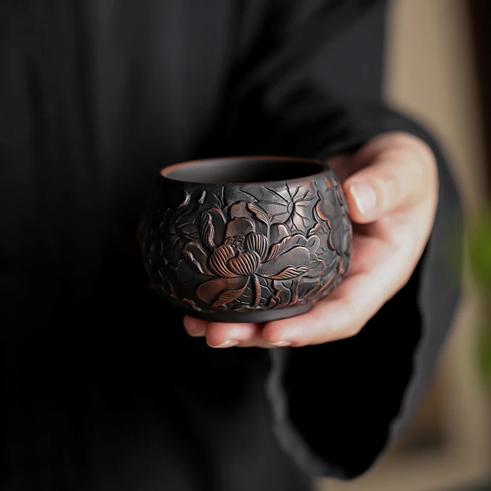 Black Pottery Relief Lotus Kung Fu Tea Cup - Image 3