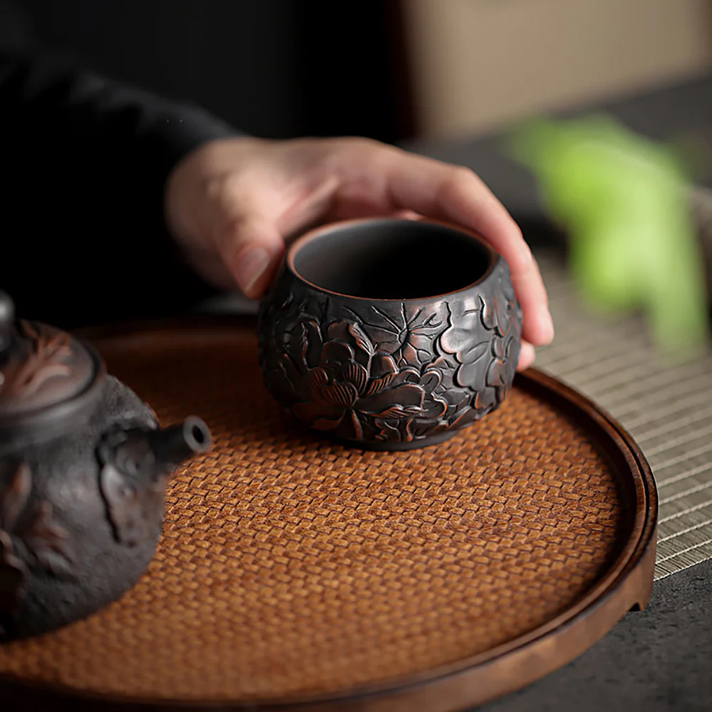 Black Pottery Relief Lotus Kung Fu Tea Cup - Image 4
