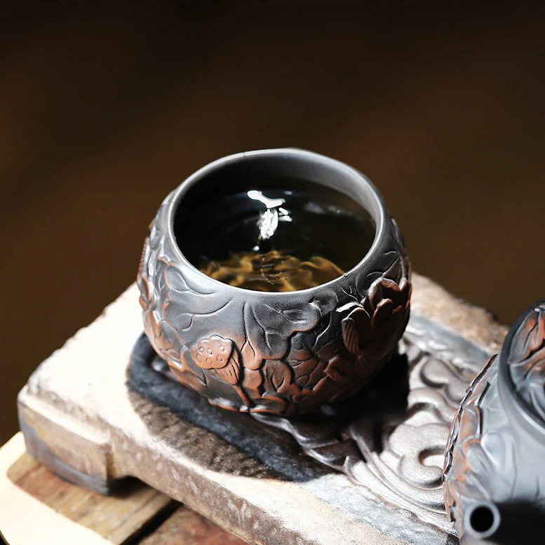 Black Pottery Relief Lotus Kung Fu Tea Cup - Image 5
