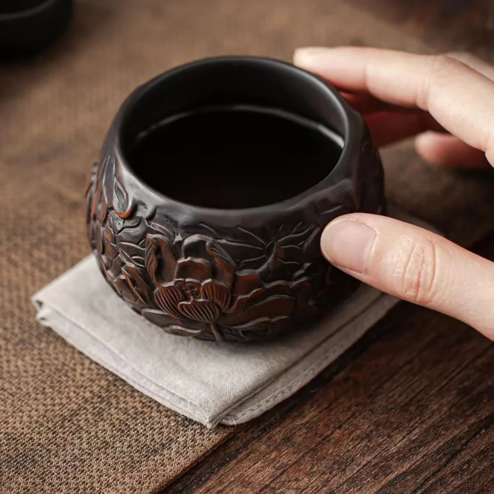 Black Pottery Relief Lotus Kung Fu Tea Cup - Image 6