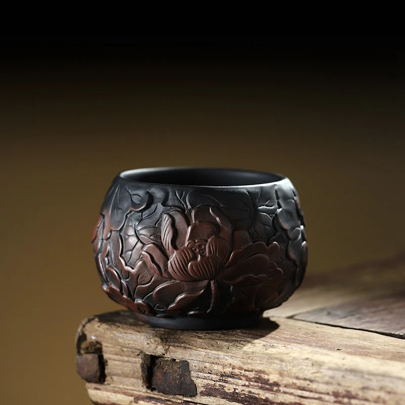 Black Pottery Relief Lotus Kung Fu Tea Cup - Image 9