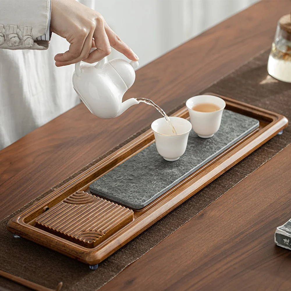 Black Stone And Heavy Bamboo Tea Tray - Image 2