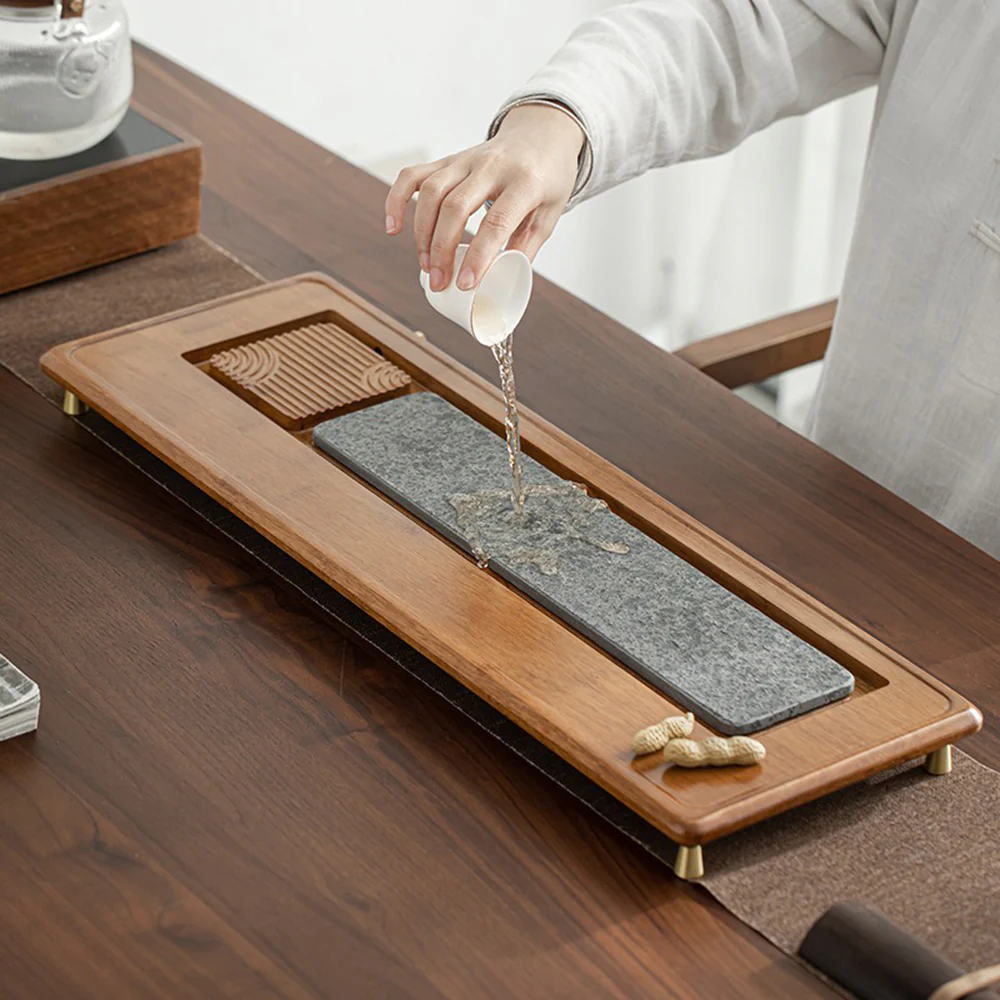 Black Stone And Heavy Bamboo Tea Tray - Image 3