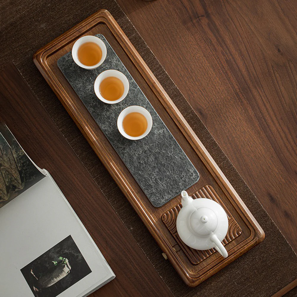 Black Stone And Heavy Bamboo Tea Tray - Image 4
