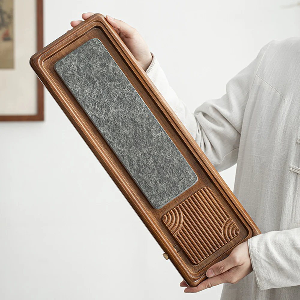 Black Stone And Heavy Bamboo Tea Tray - Image 5