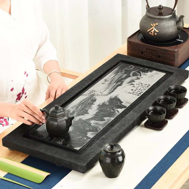 Black Stone Tea Tray With Carved Landscape - Image 3