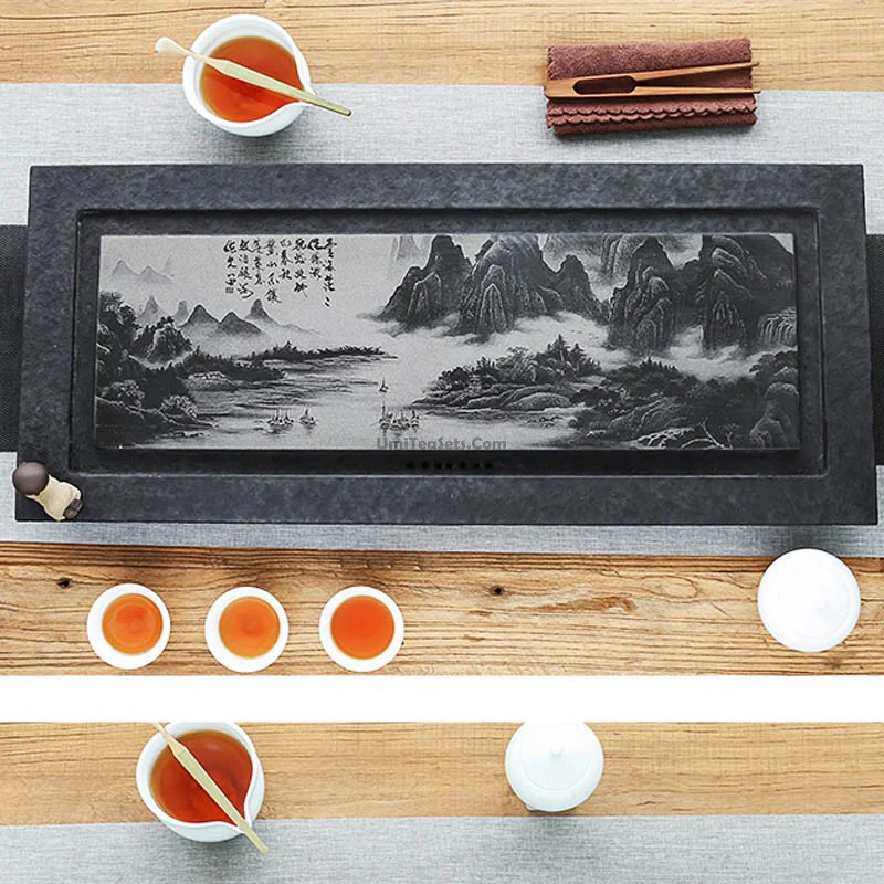 Black Stone Tea Tray With Carved Landscape - Image 4