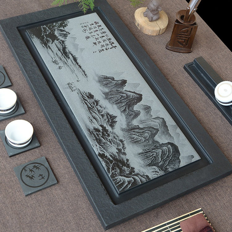 Black Stone Tea Tray With Carved Landscape - Image 5