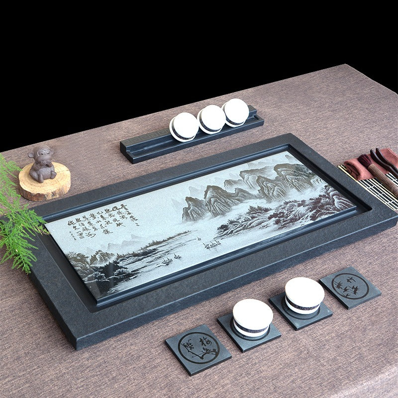 Black Stone Tea Tray With Carved Landscape - Image 7