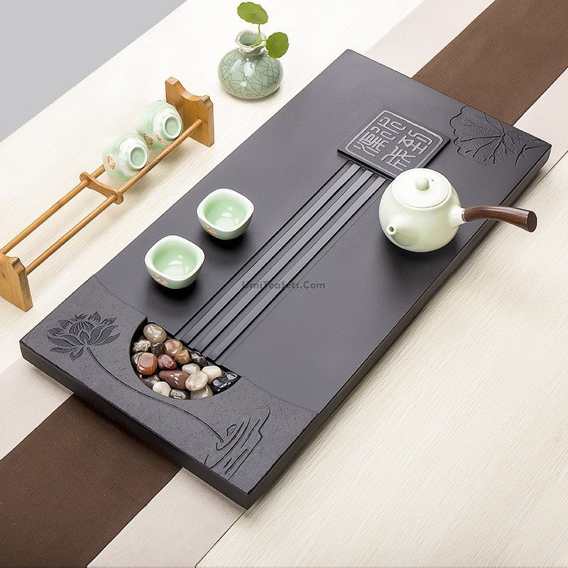 Black Stone Tea Tray With Lotus Flower - Image 3