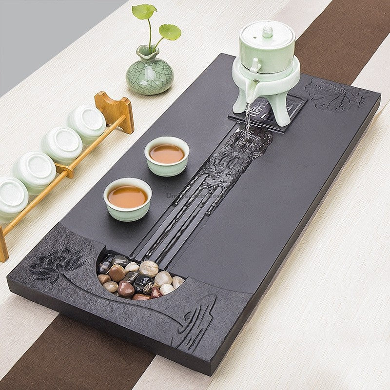 Black Stone Tea Tray With Lotus Flower - Image 4