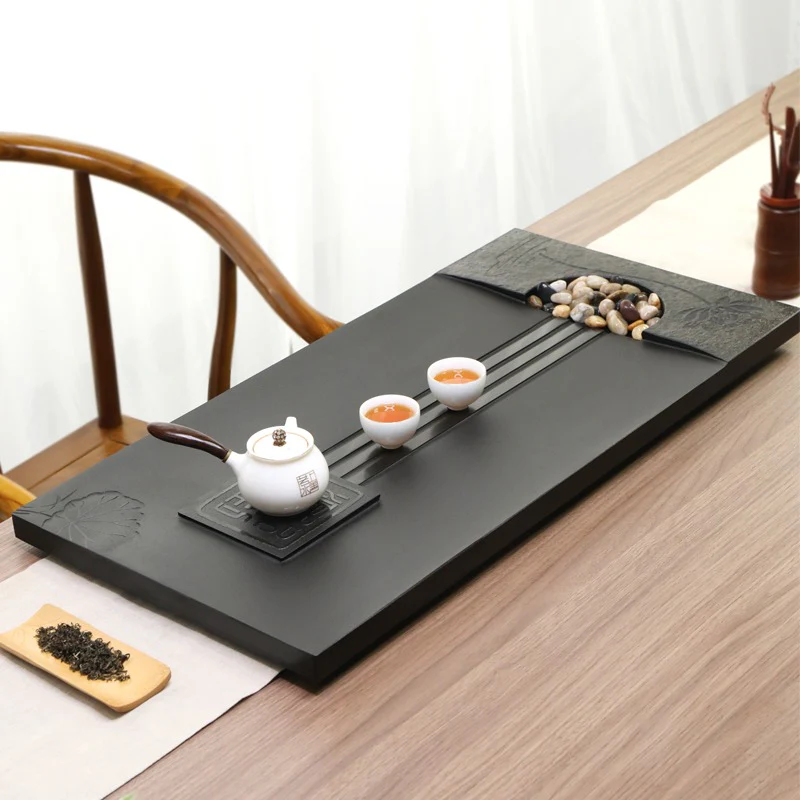 Black Stone Tea Tray With Lotus Flower - Image 6