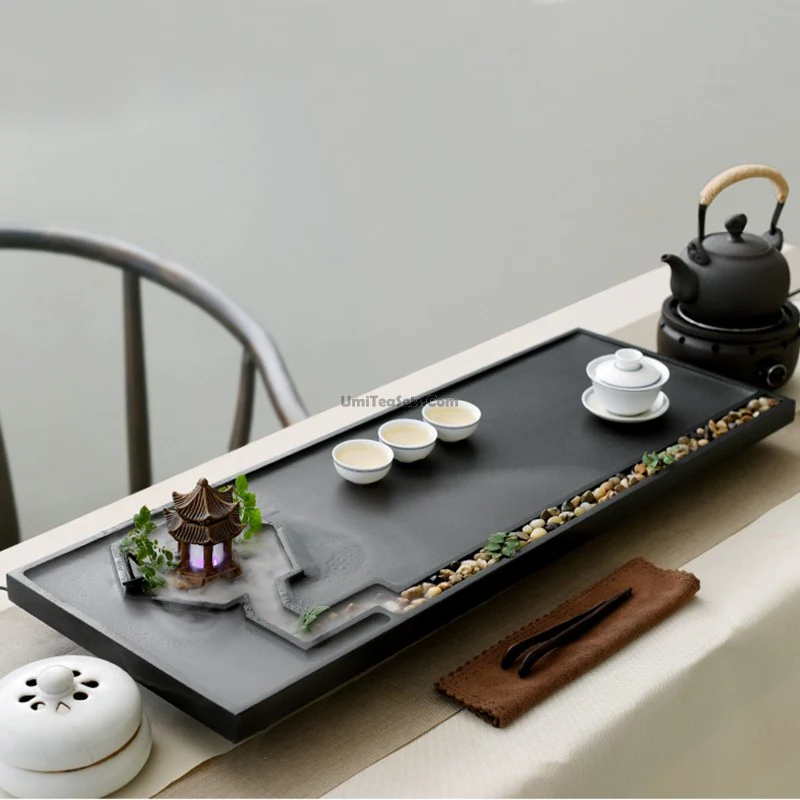 Black Stone Zen Tea Tray With Pavilion And Brook - Image 5