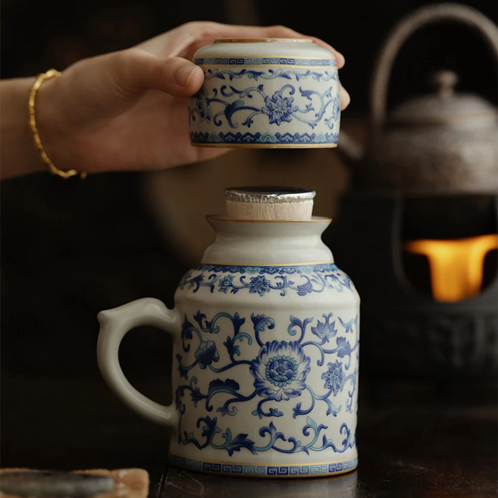 Blue And White Ruyao Twig Flowers Tea Cup Set - Image 4