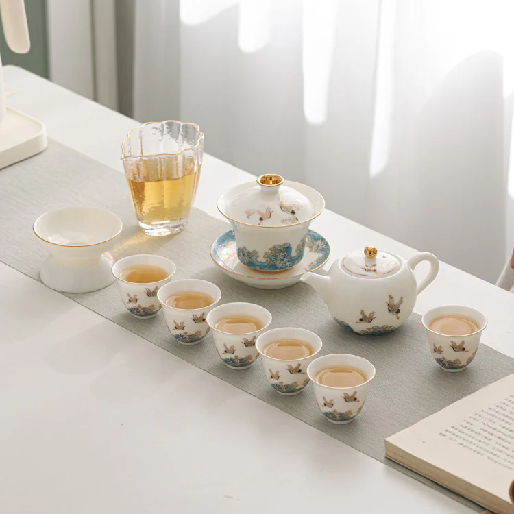 Ceramic Sulet-jade Red-crowned Crane Tea Set - Image 9