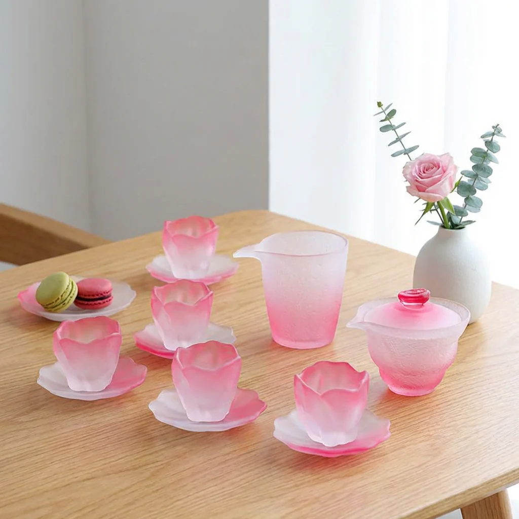 Cherry Blossom Pink Glass Tea Set - Image 3