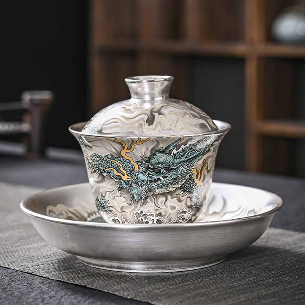 Chinese Azure Dragon Sterling Silver Tea Set - Image 4