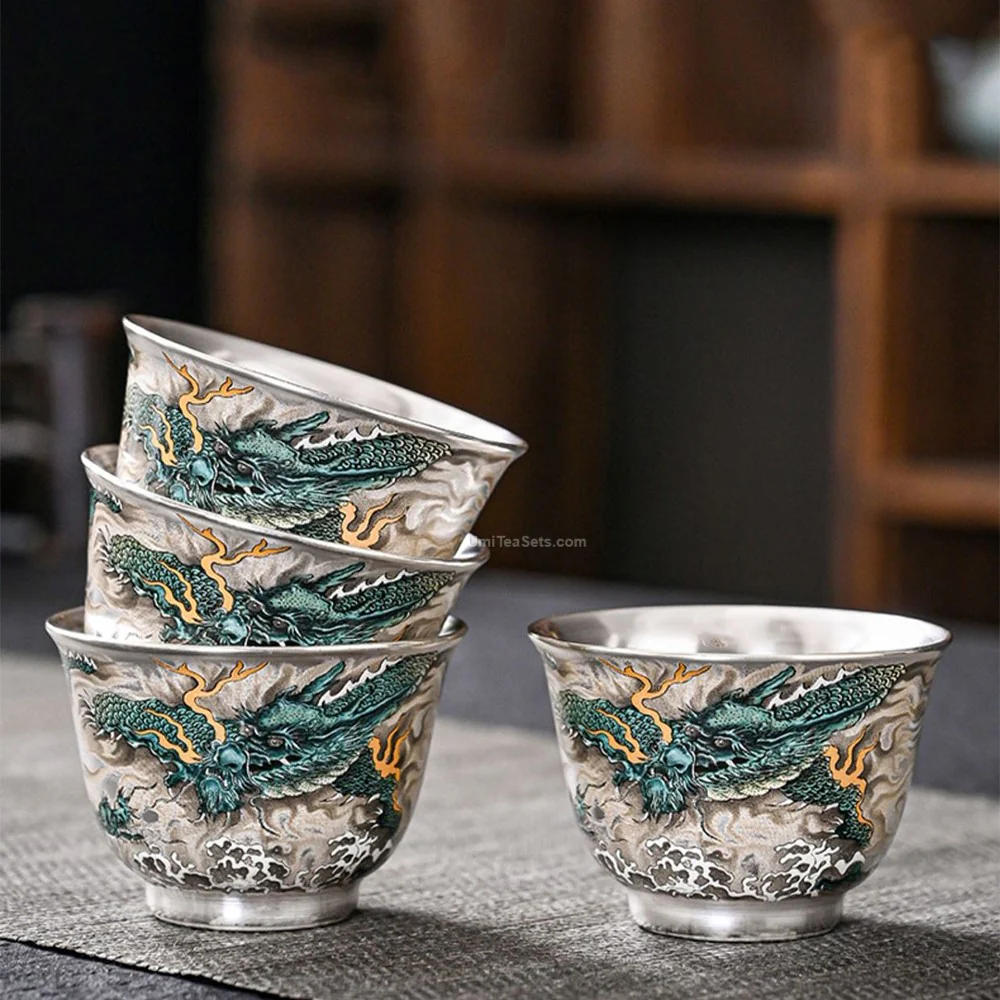 Chinese Azure Dragon Sterling Silver Tea Set - Image 5