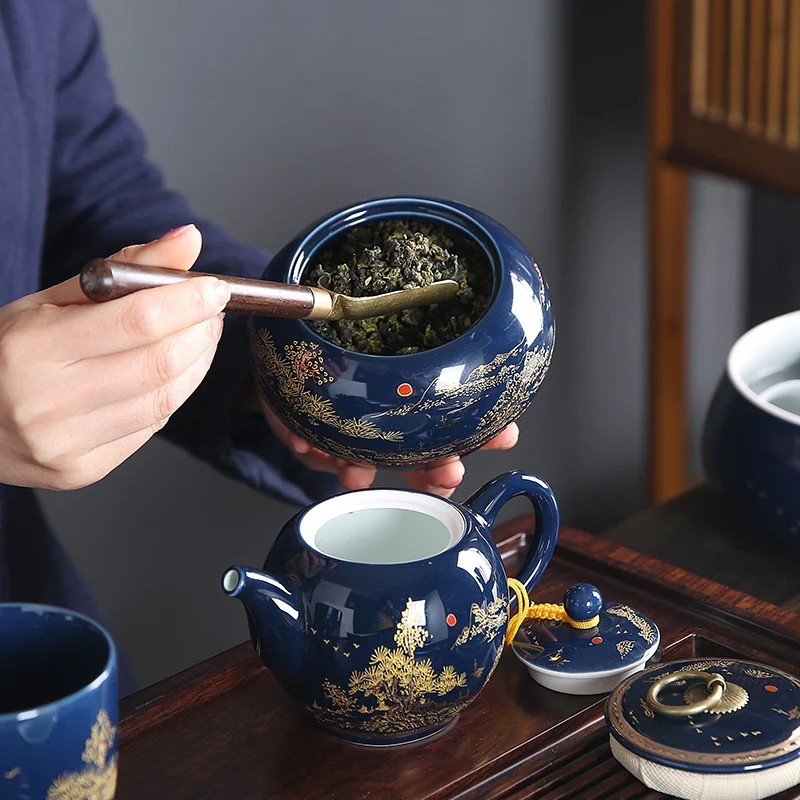 Chinese Blue Landscape Porcelain Tea Set - Image 10
