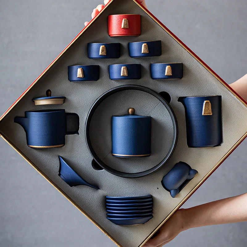 Chinese Blue Tea Set With Golden Handle