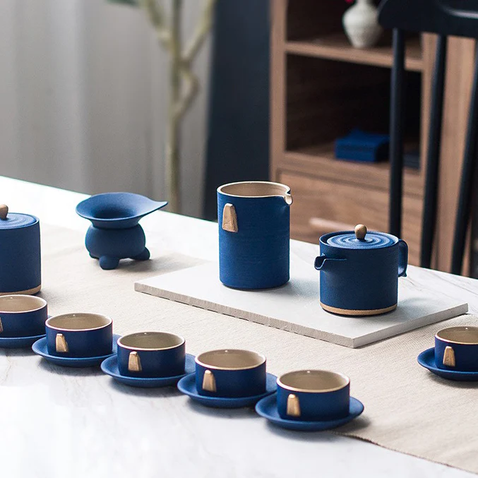 Chinese Blue Tea Set With Golden Handle - Image 3
