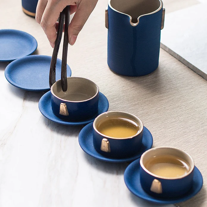 Chinese Blue Tea Set With Golden Handle - Image 4