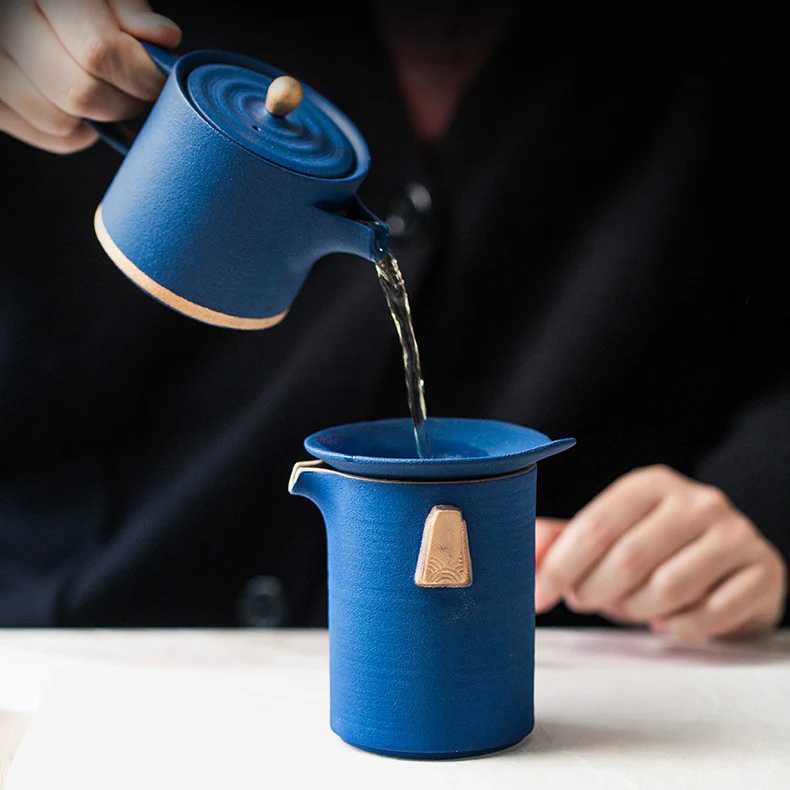 Chinese Blue Tea Set With Golden Handle - Image 5