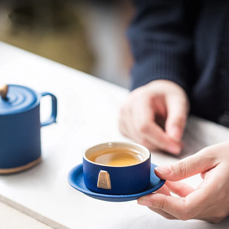 Chinese Blue Tea Set With Golden Handle - Image 6