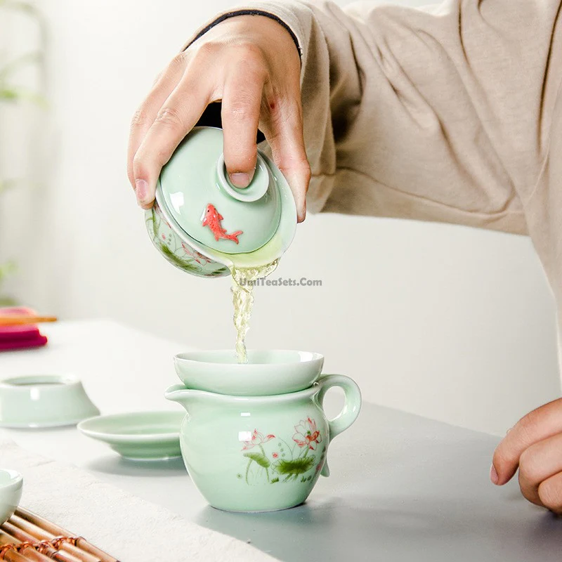 Chinese Jade Porcelain Lotus Gaiwan Tea Set - Image 5