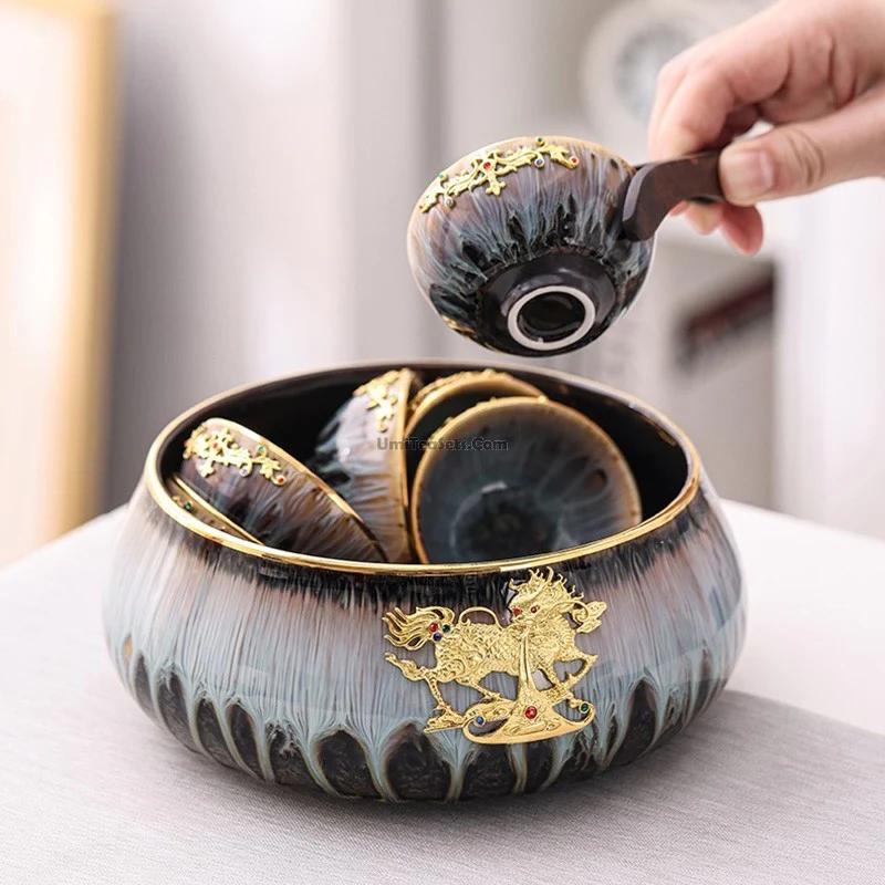 Chinese Jian Zhan Golden Dragon Tea Set - Image 5
