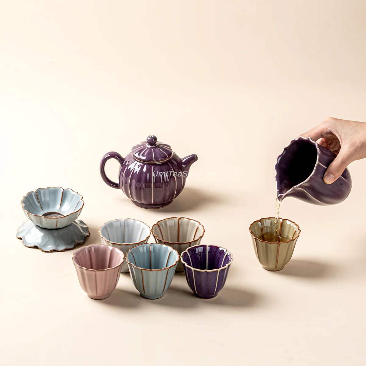 Chinese Jun Kiln Lotus Porcelain Tea Set - Image 3