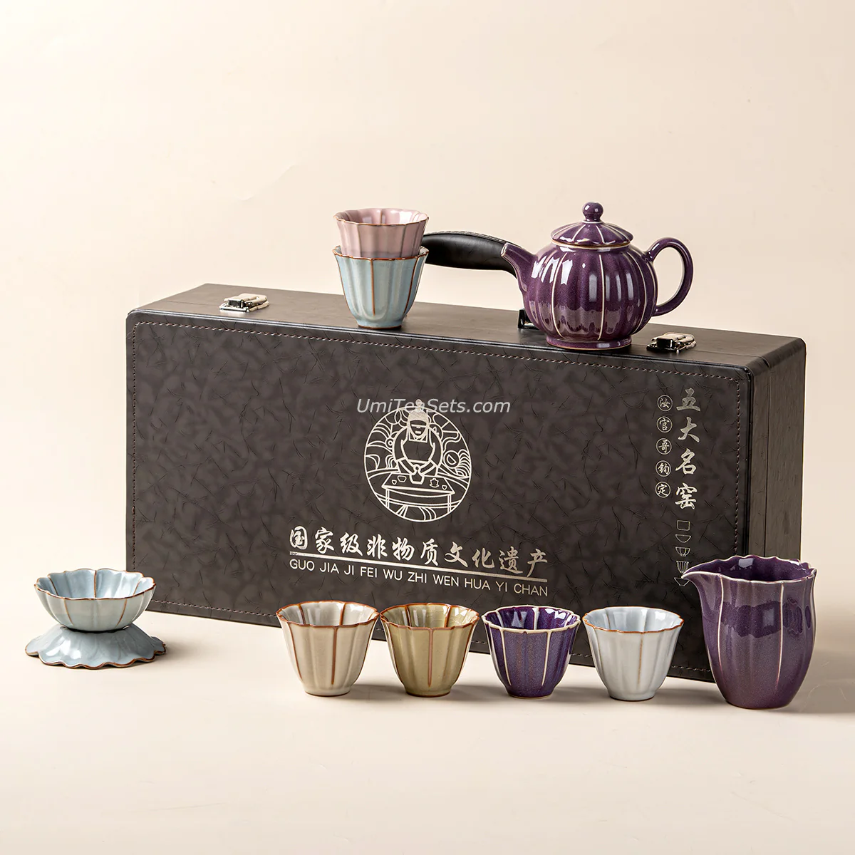 Chinese Jun Kiln Lotus Porcelain Tea Set - Image 4