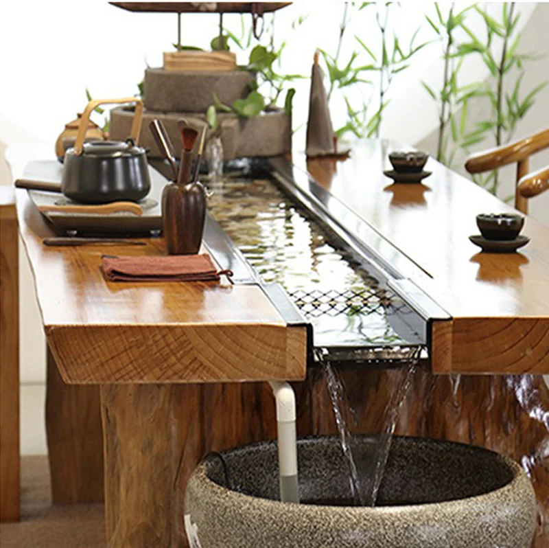 Chinese Pine Wood Running Water Tea Table Set With Fish Pond - Image 2