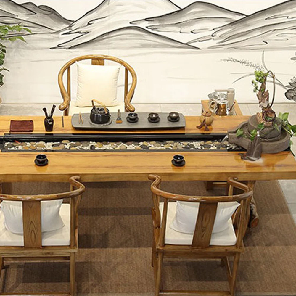 Chinese Pine Wood Running Water Tea Table Set With Fish Pond - Image 4