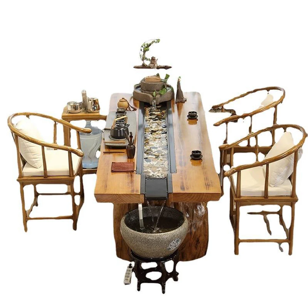 Chinese Pine Wood Running Water Tea Table Set With Fish Pond - Image 5