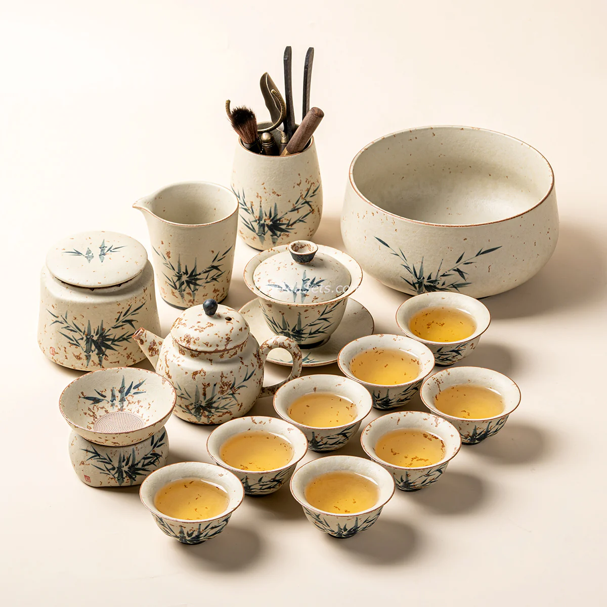 Chinese Ruyao Ceramic Bamboo Tea Set - Image 2