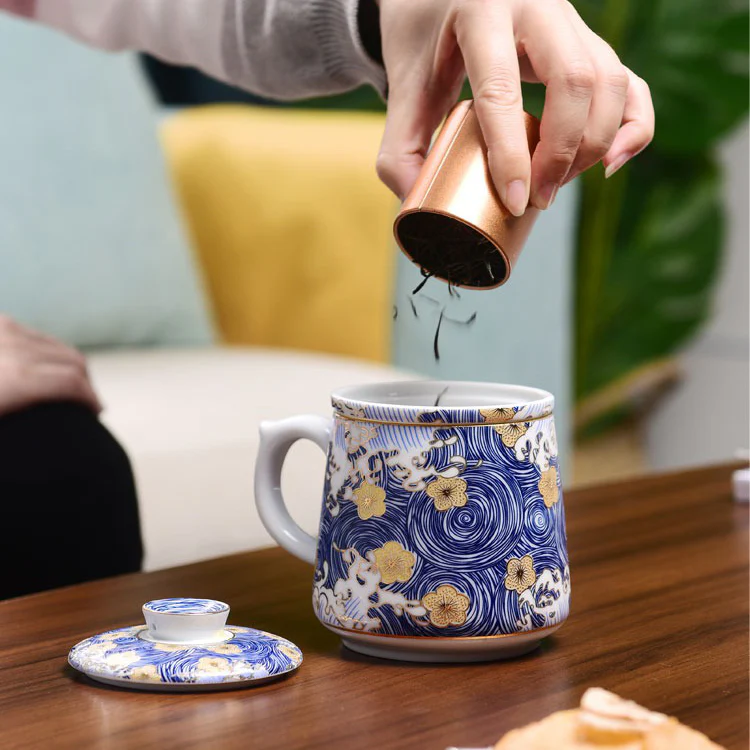 Chinese Sea Wave Office Tea Cup With Infuser - Image 7