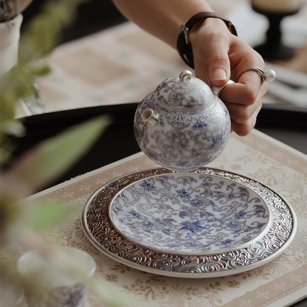 Chinese Silver-Gilt Blue And White Porcelain Teapot - Image 4