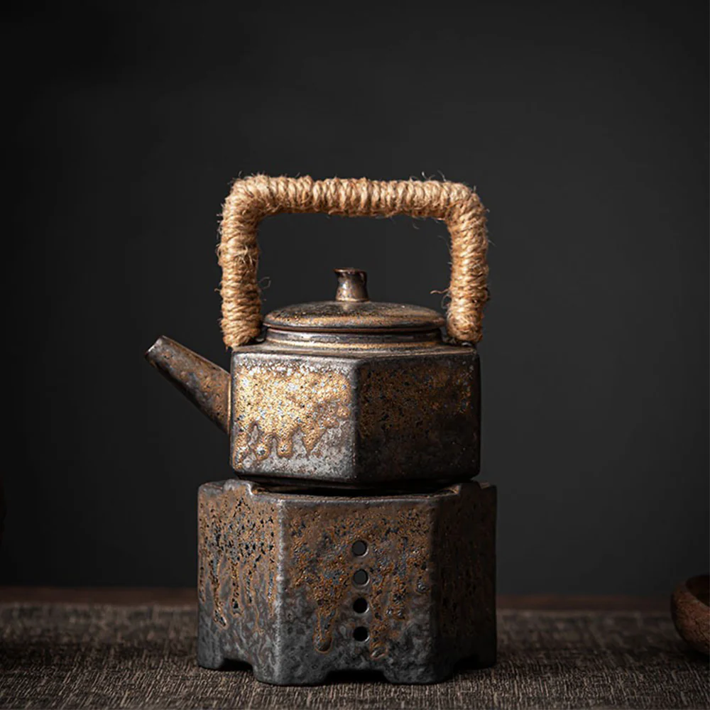 Coarse Pottery Hexagon Teapot With Candle Warmer
