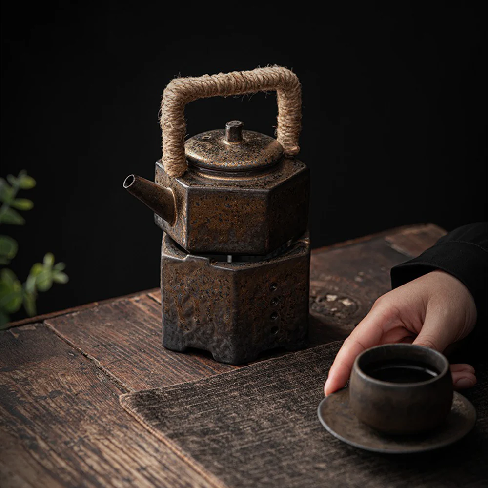 Coarse Pottery Hexagon Teapot With Candle Warmer - Image 3